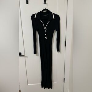 Black Long Sleeve Ribbed Polo Dress with White Trim